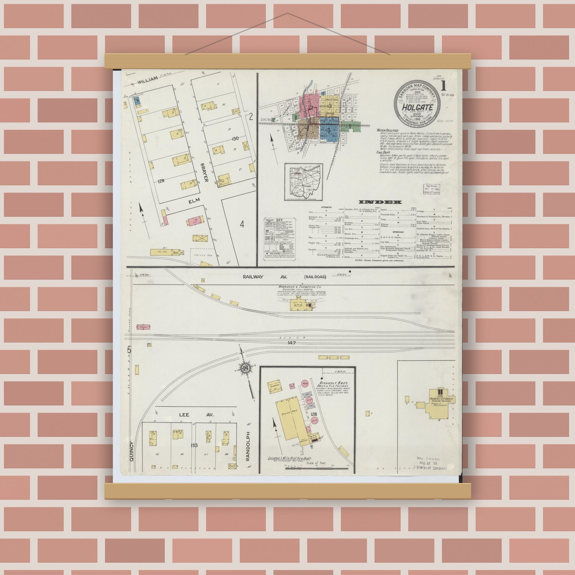 Old map wall art mockup — magnetic wood frame on brick wall — Sanborn Fire Insurance Map from Holgate, Henry County, Ohio (1916), Sheet #0001
