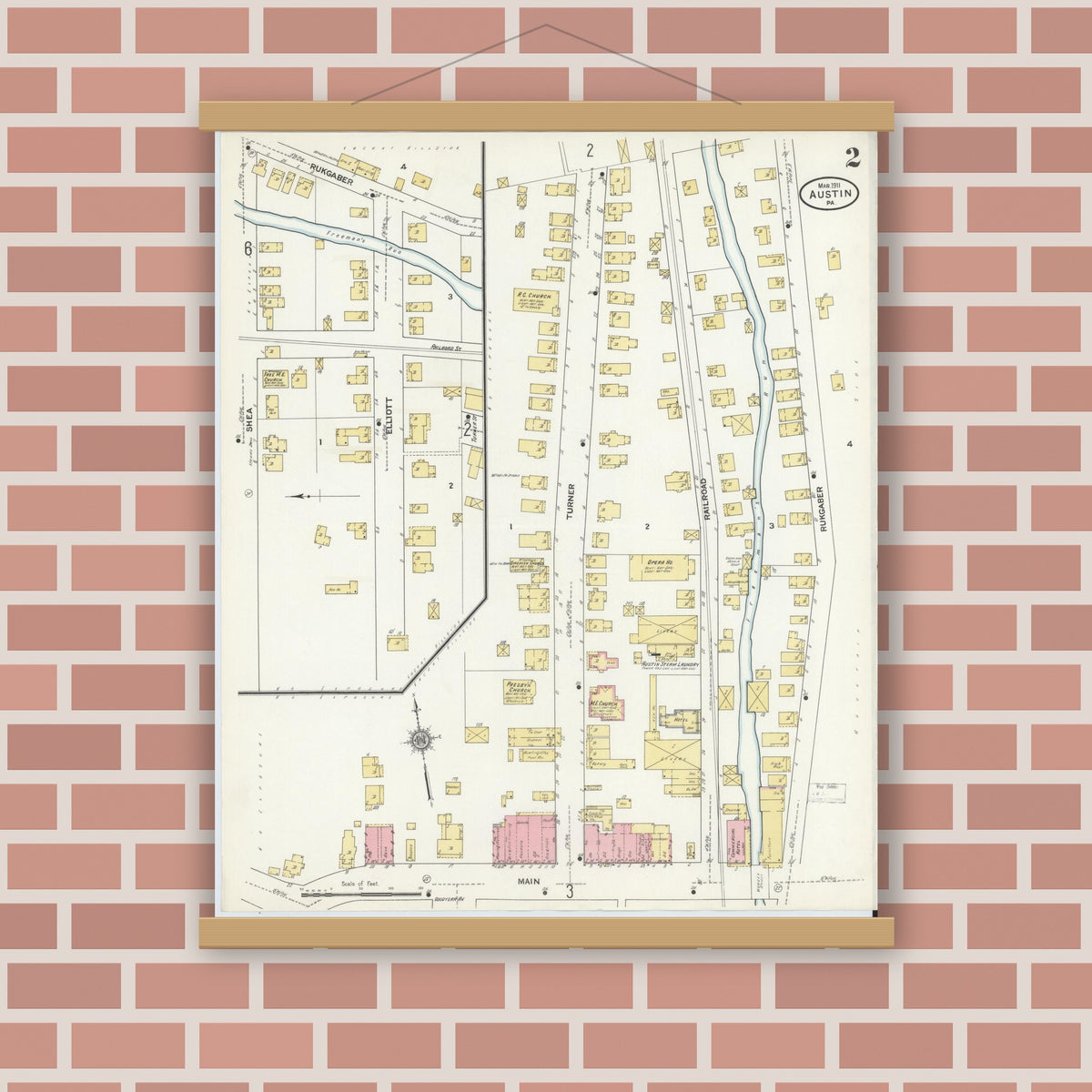 Old map wall art mockup — magnetic wood frame on brick wall — Sanborn Fire Insurance Map from Austin, Potter County, Pennsylvania (1911), Sheet #0002
