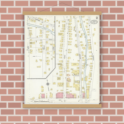 Old map wall art mockup — magnetic wood frame on brick wall — Sanborn Fire Insurance Map from Austin, Potter County, Pennsylvania (1911), Sheet #0002