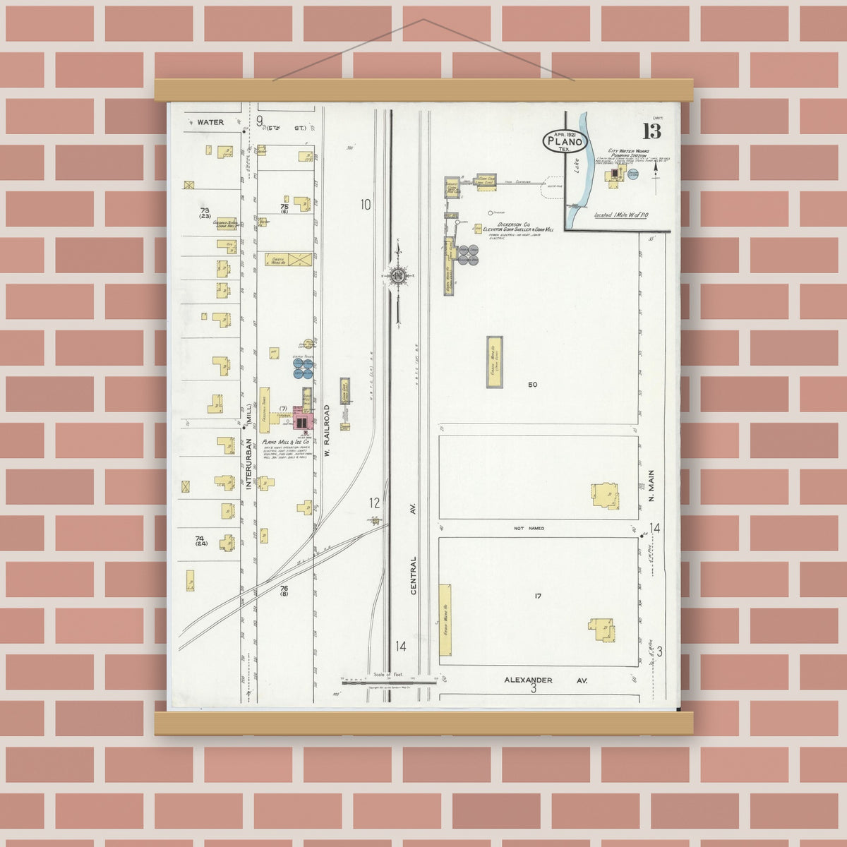 Old map wall art mockup — magnetic wood frame on brick wall — Sanborn Fire Insurance Map from Plano, Collin County, Texas (1921), Sheet #0013