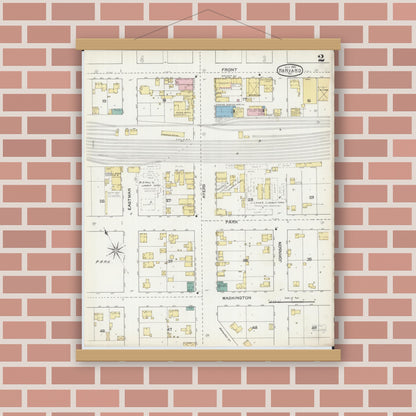 Old map wall art mockup — magnetic wood frame on brick wall — Sanborn Fire Insurance Map from Harvard, McHenry County, Illinois (1892), Sheet #0002
