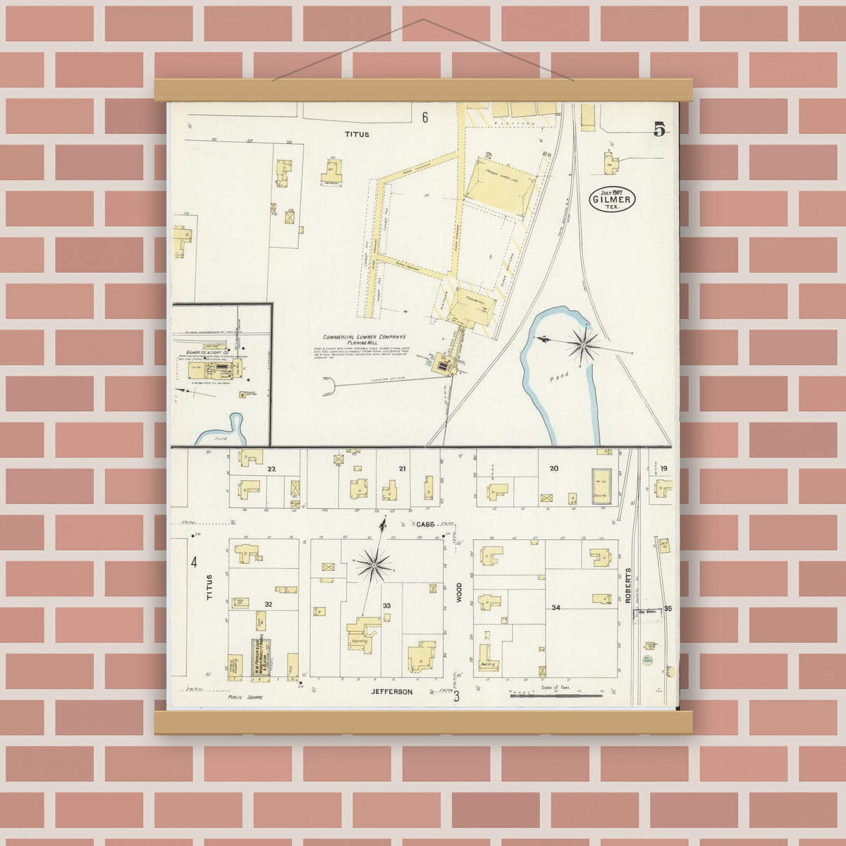 Old map wall art mockup — magnetic wood frame on brick wall — Sanborn Fire Insurance Map from Gilmer, Upshur County, Texas (1907), Sheet #0005