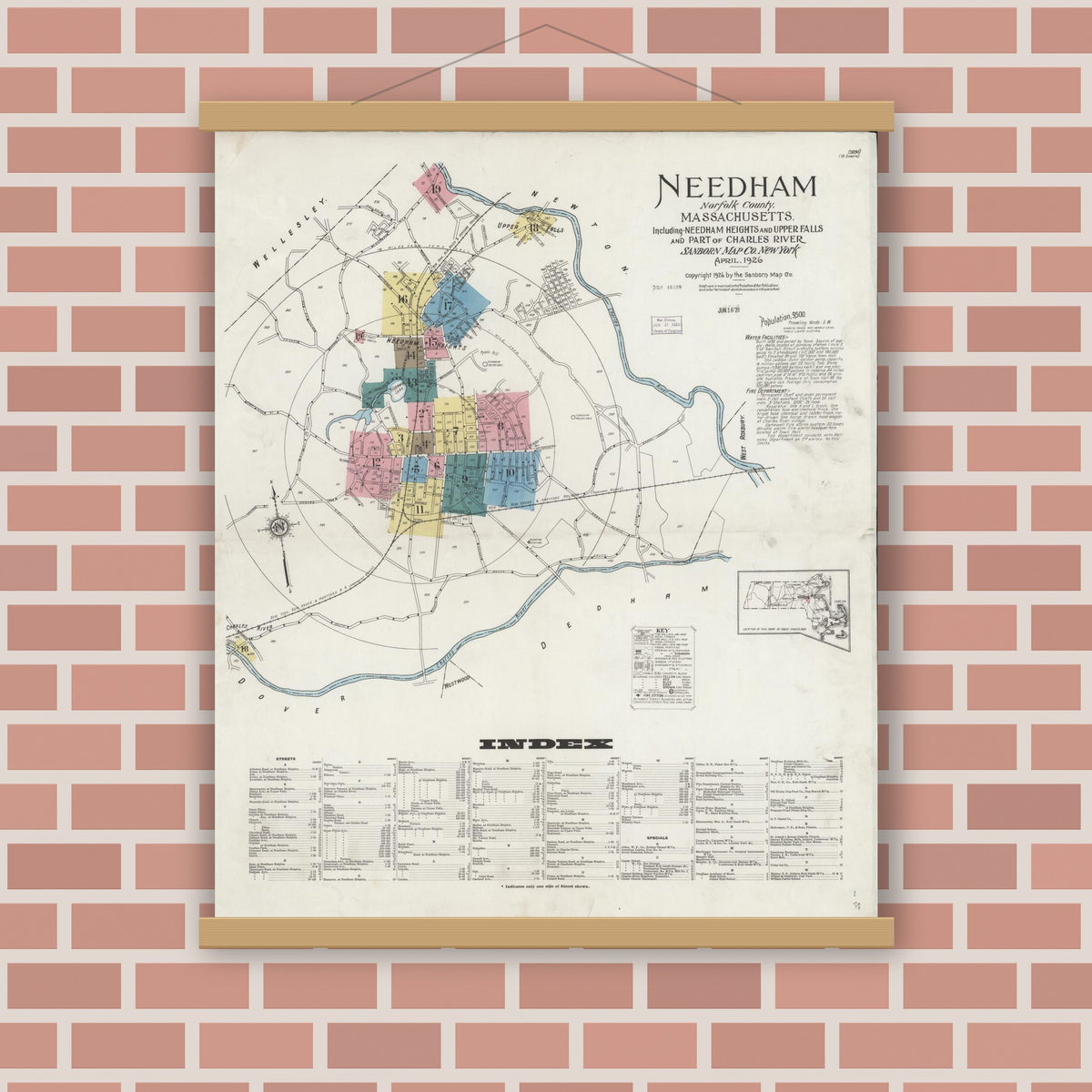 Old map wall art mockup — magnetic wood frame on brick wall — Sanborn Fire Insurance Map from Needham, Norfolk County, Massachusetts (1926) - Complete Map Set