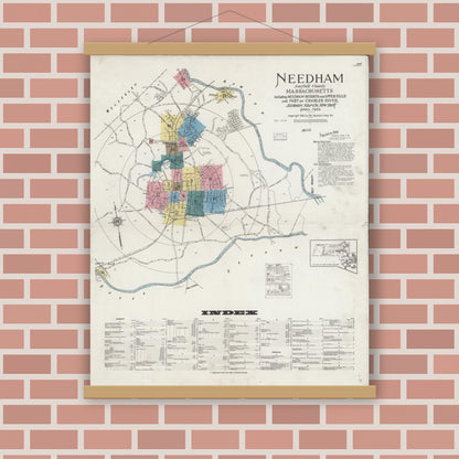 Old map wall art mockup — magnetic wood frame on brick wall — Sanborn Fire Insurance Map from Needham, Norfolk County, Massachusetts (1926) - Complete Map Set