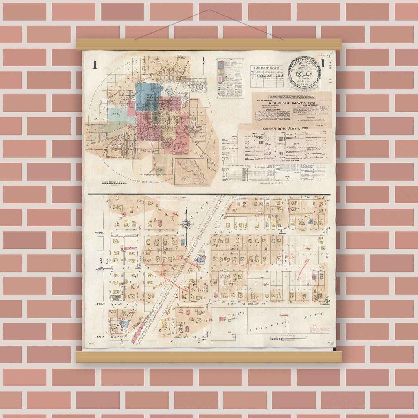 Old map wall art mockup — magnetic wood frame on brick wall — Sanborn Fire Insurance Map from Rolla, Phelps County, Missouri (1948), Sheet #0001