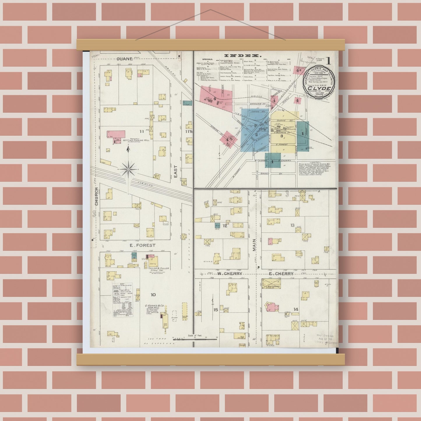 Old map wall art mockup — magnetic wood frame on brick wall — Sanborn Fire Insurance Map from Clyde, Sandusky County, Ohio (1893), Sheet #0001
