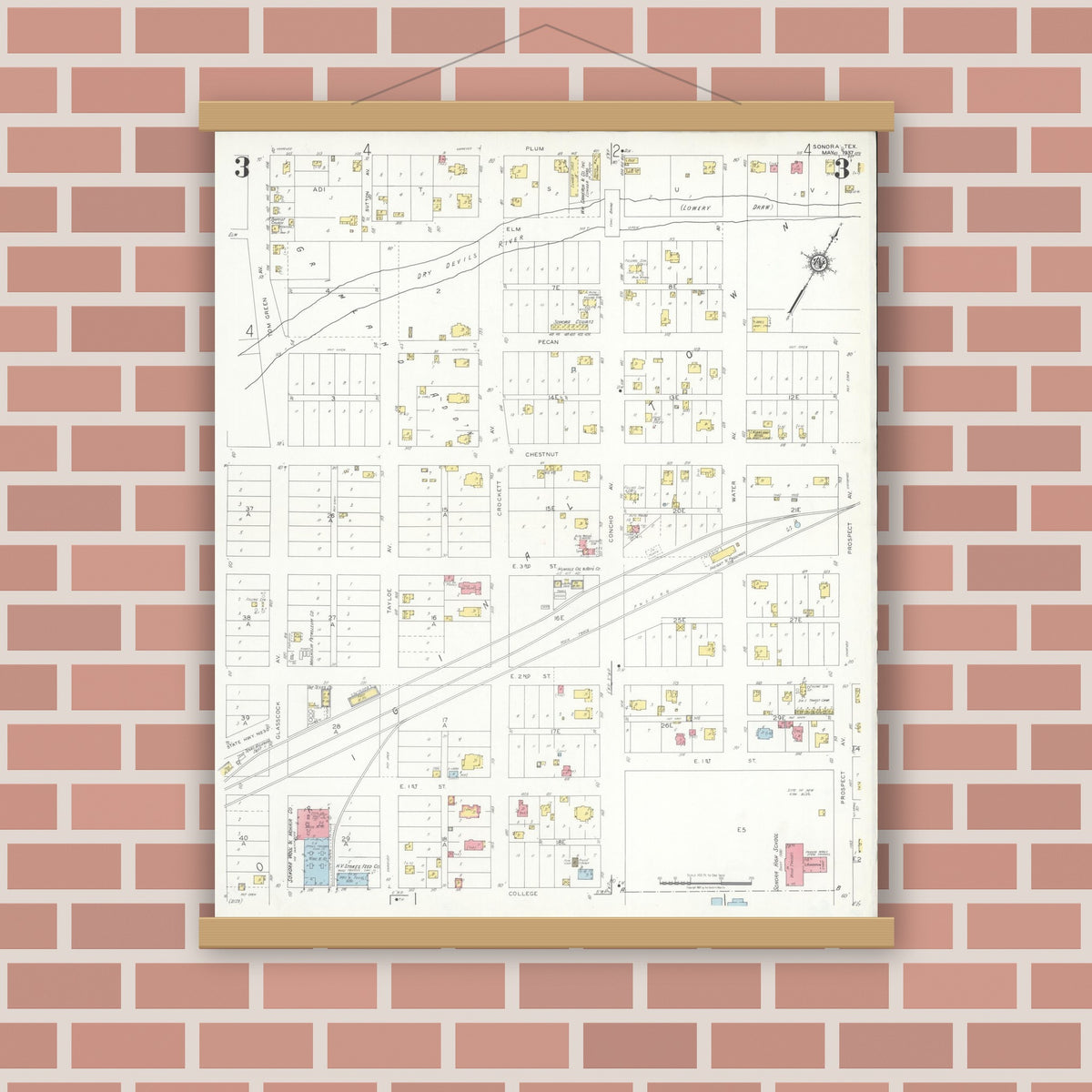 Old map wall art mockup — magnetic wood frame on brick wall — Sanborn Fire Insurance Map from Sonora, Sutton County, Texas (1937), Sheet #0003