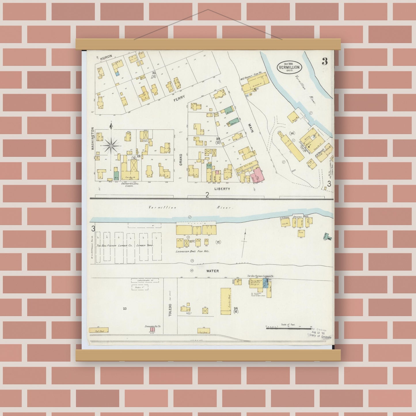 Old map wall art mockup — magnetic wood frame on brick wall — Sanborn Fire Insurance Map from Vermillion, Erie County, Ohio (1898), Sheet #0003