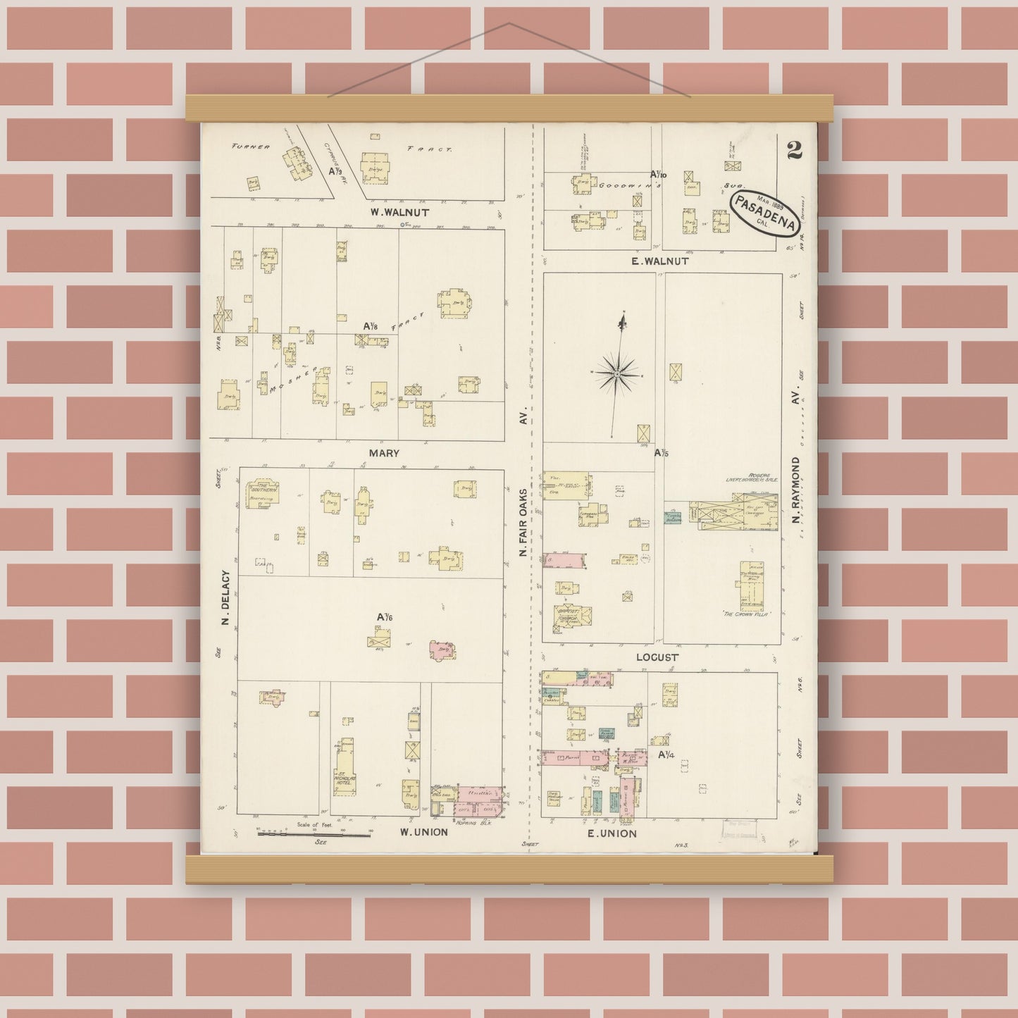 Old map wall art mockup — magnetic wood frame on brick wall — Sanborn Fire Insurance Map from Pasadena, Los Angeles County, California (1889) - Complete Map Set