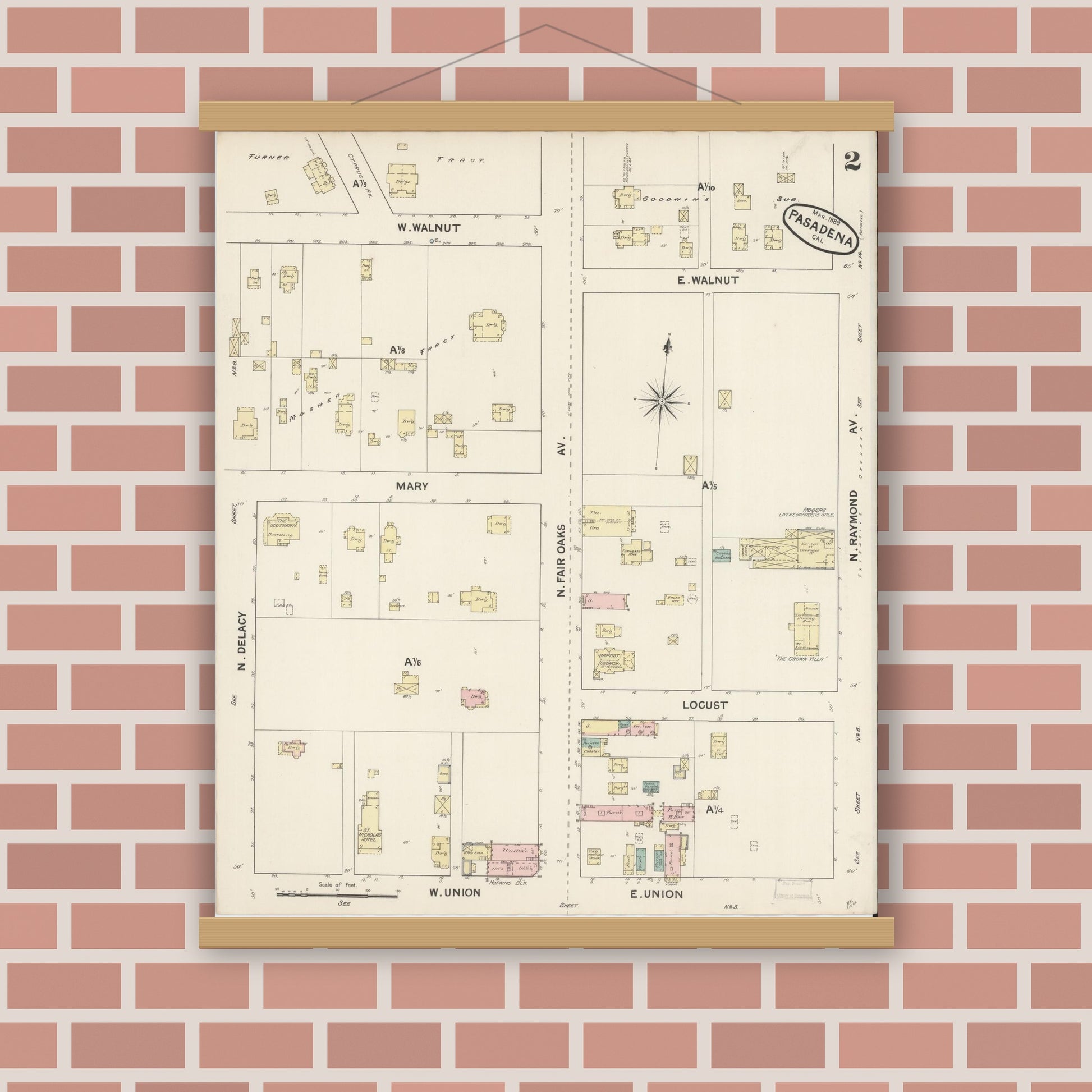 Old map wall art mockup — magnetic wood frame on brick wall — Sanborn Fire Insurance Map from Pasadena, Los Angeles County, California (1889) - Complete Map Set