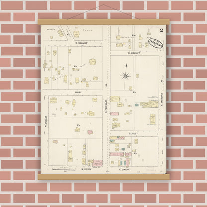 Old map wall art mockup — magnetic wood frame on brick wall — Sanborn Fire Insurance Map from Pasadena, Los Angeles County, California (1889) - Complete Map Set