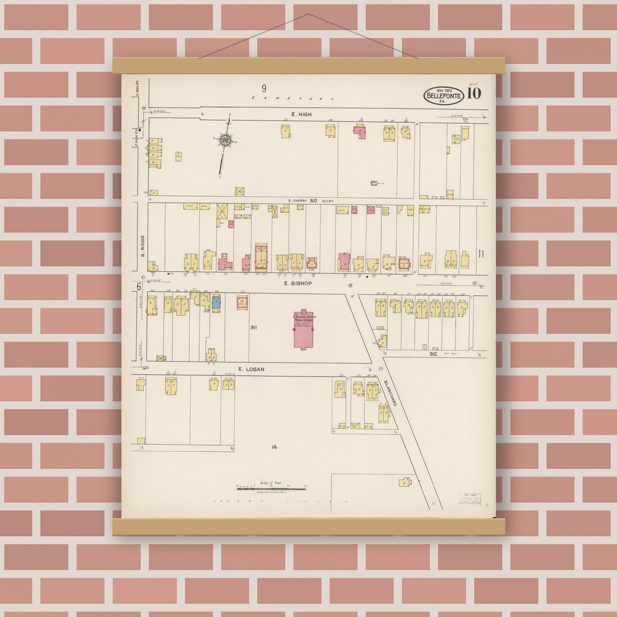 Old map wall art mockup — magnetic wood frame on brick wall — Sanborn Fire Insurance Map from Bellefonte, Centre County, Pennsylvania (1922), Sheet #0010