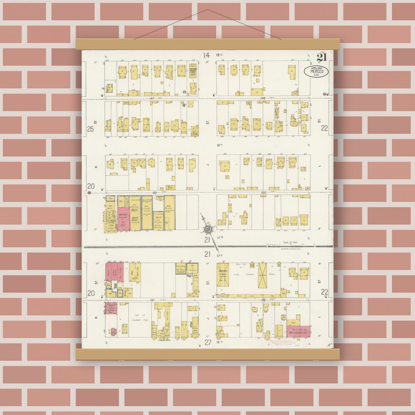 Old map wall art mockup — magnetic wood frame on brick wall — Sanborn Fire Insurance Map from Merced, Merced County, California (1922), Sheet #0021