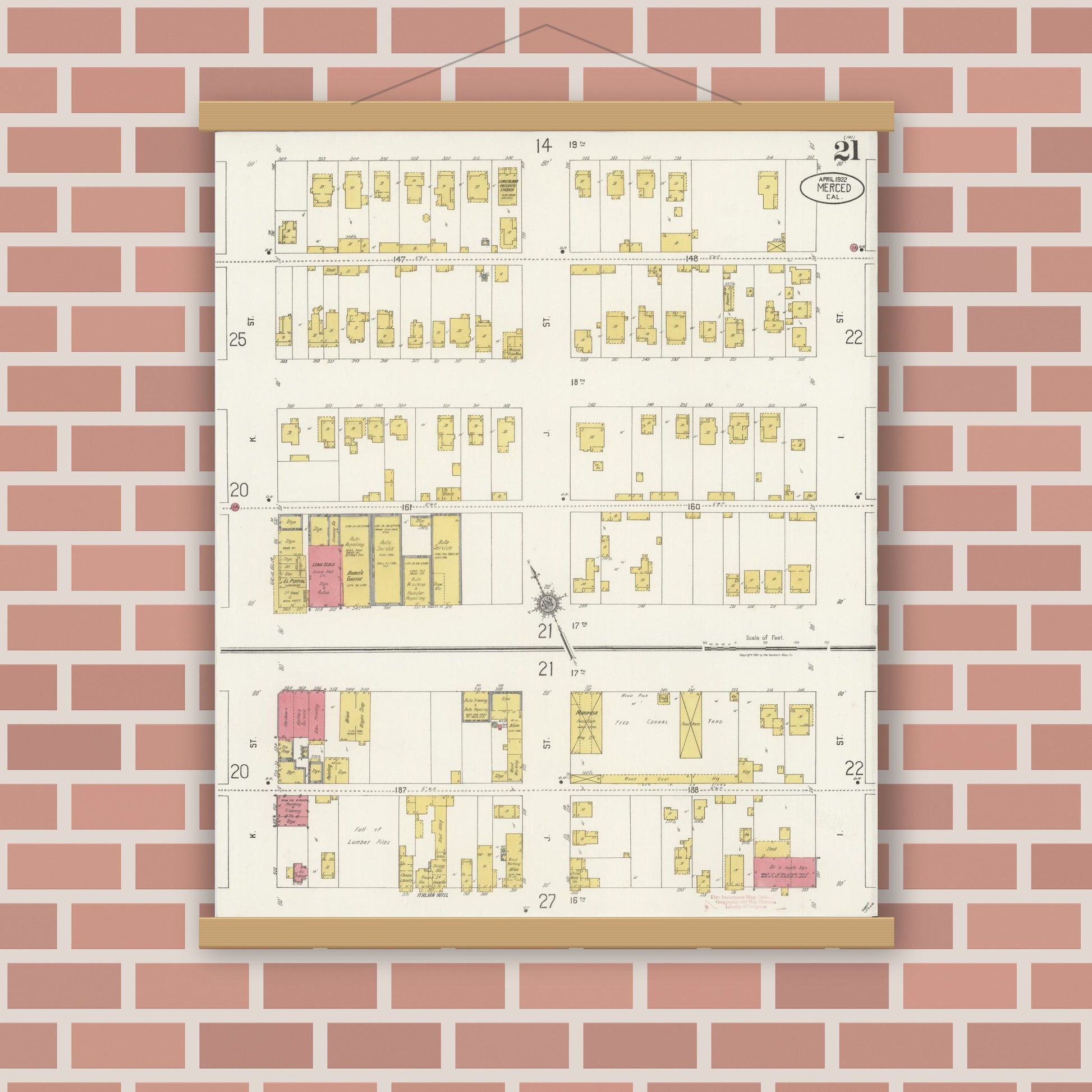 Old map wall art mockup — magnetic wood frame on brick wall — Sanborn Fire Insurance Map from Merced, Merced County, California (1922), Sheet #0021