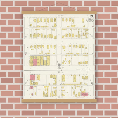Old map wall art mockup — magnetic wood frame on brick wall — Sanborn Fire Insurance Map from Merced, Merced County, California (1922), Sheet #0021