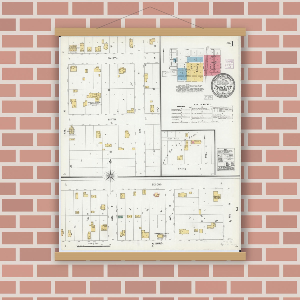 Old map wall art mockup — magnetic wood frame on brick wall — Sanborn Fire Insurance Map from Rush City, Chisago County, Minnesota (1904), Sheet #0001