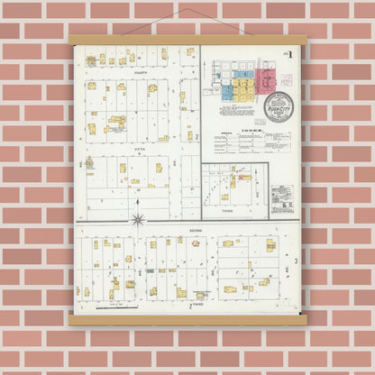 Old map wall art mockup — magnetic wood frame on brick wall — Sanborn Fire Insurance Map from Rush City, Chisago County, Minnesota (1904), Sheet #0001