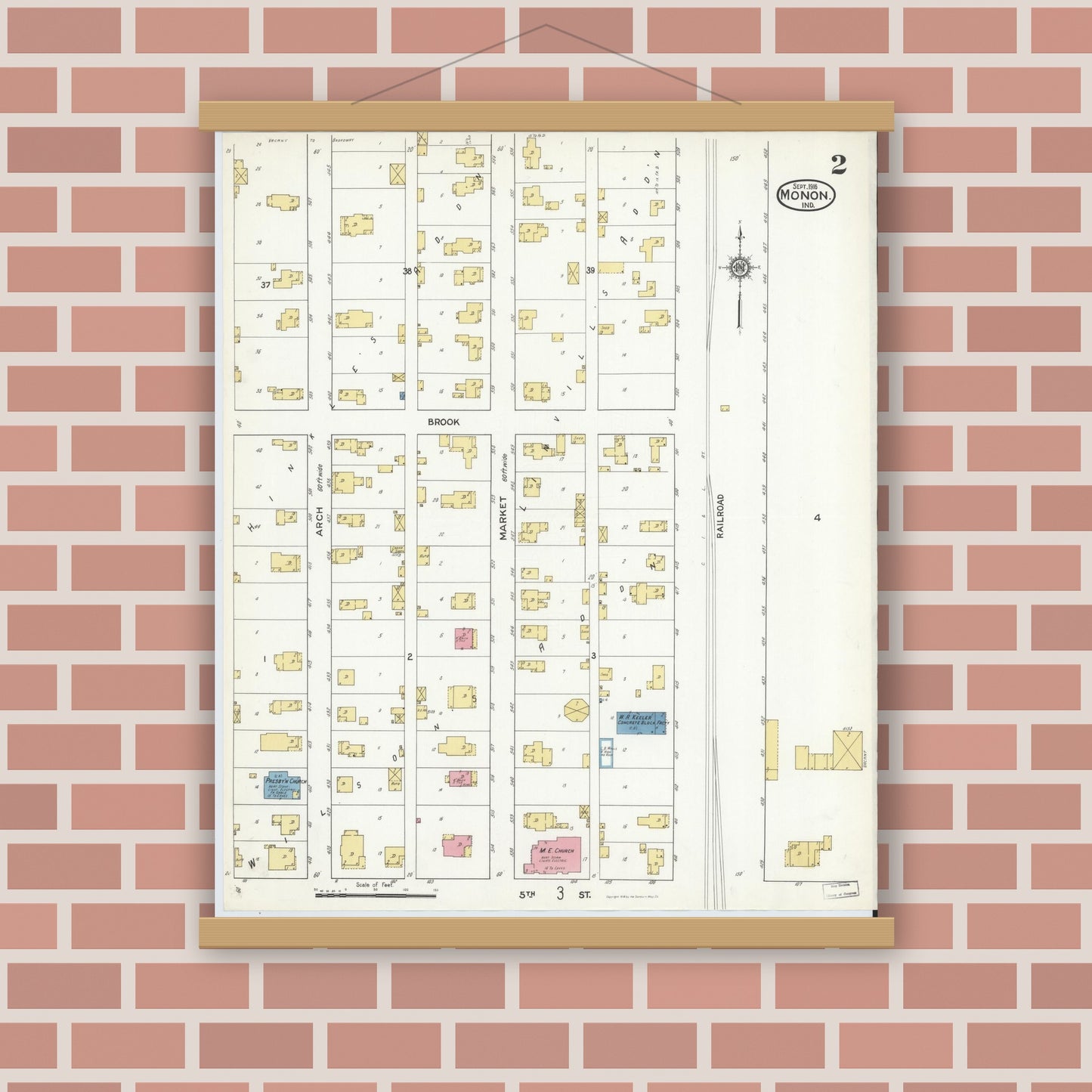 Old map wall art mockup — magnetic wood frame on brick wall — Sanborn Fire Insurance Map from Monon, White County, Indiana (1916), Sheet #0002