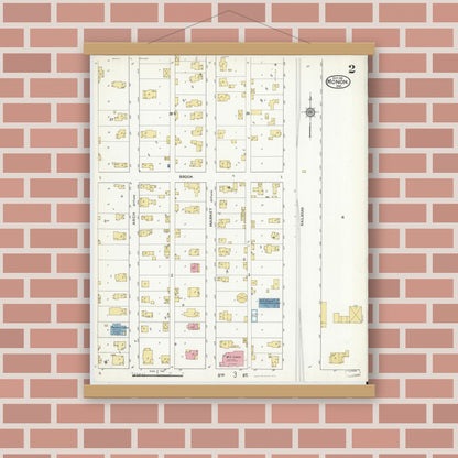 Old map wall art mockup — magnetic wood frame on brick wall — Sanborn Fire Insurance Map from Monon, White County, Indiana (1916), Sheet #0002