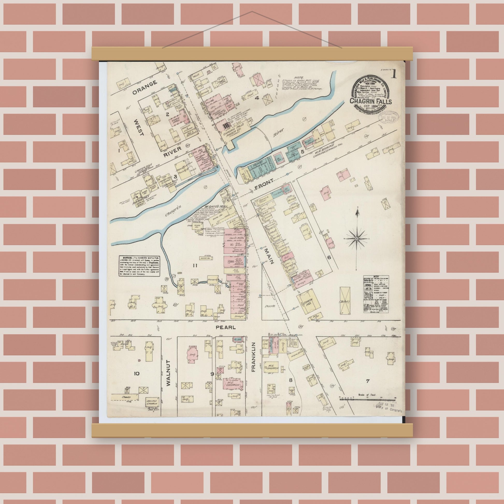 Old map wall art mockup — magnetic wood frame on brick wall — Sanborn Fire Insurance Map from Chagrin Falls, Cuyahoga County, Ohio (1884) - Complete Map Set