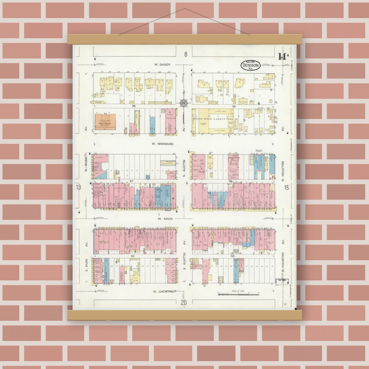 Old map wall art mockup — magnetic wood frame on brick wall — Sanborn Fire Insurance Map from Denison, Grayson County, Texas (1914), Sheet #0014