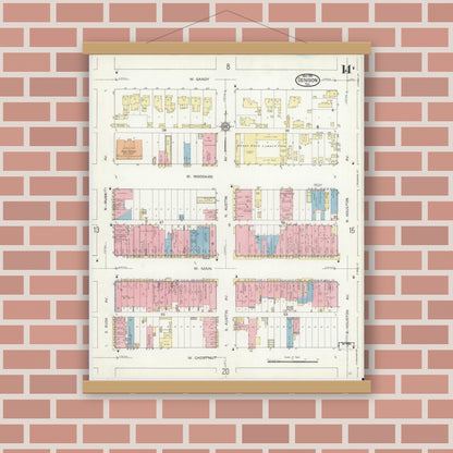 Old map wall art mockup — magnetic wood frame on brick wall — Sanborn Fire Insurance Map from Denison, Grayson County, Texas (1914), Sheet #0014