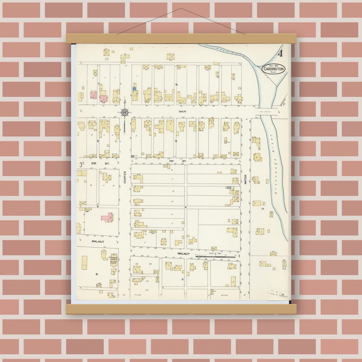 Old map wall art mockup — magnetic wood frame on brick wall — Sanborn Fire Insurance Map from Cardington, Morrow County, Ohio (1912), Sheet #0004