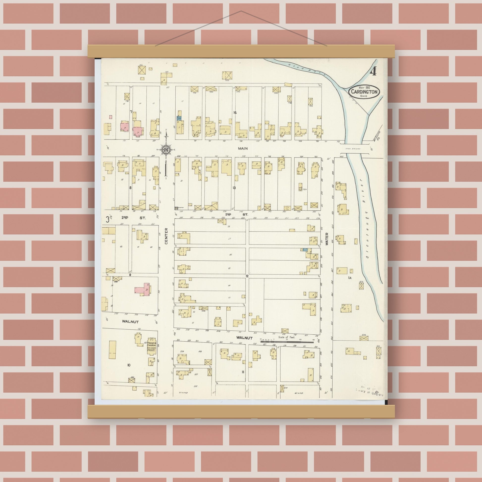 Old map wall art mockup — magnetic wood frame on brick wall — Sanborn Fire Insurance Map from Cardington, Morrow County, Ohio (1912), Sheet #0004