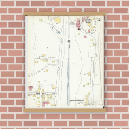 Old map wall art mockup — magnetic wood frame on brick wall — Sanborn Fire Insurance Map from Pomeroy, Meigs County, Ohio (1916), Sheet #0012