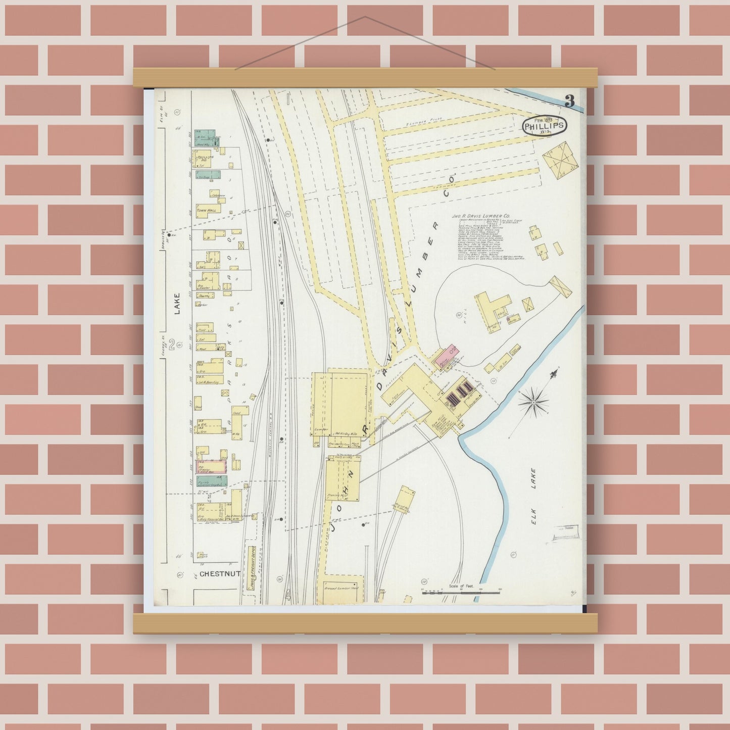 Old map wall art mockup — magnetic wood frame on brick wall — Sanborn Fire Insurance Map from Phillips, Price County, Wisconsin (1893), Sheet #0003