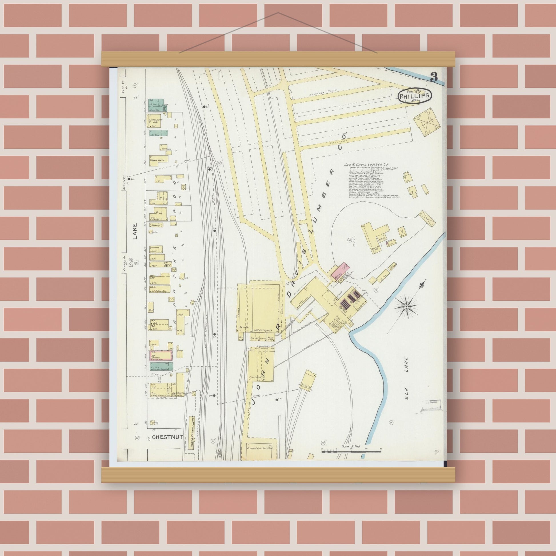 Old map wall art mockup — magnetic wood frame on brick wall — Sanborn Fire Insurance Map from Phillips, Price County, Wisconsin (1893), Sheet #0003
