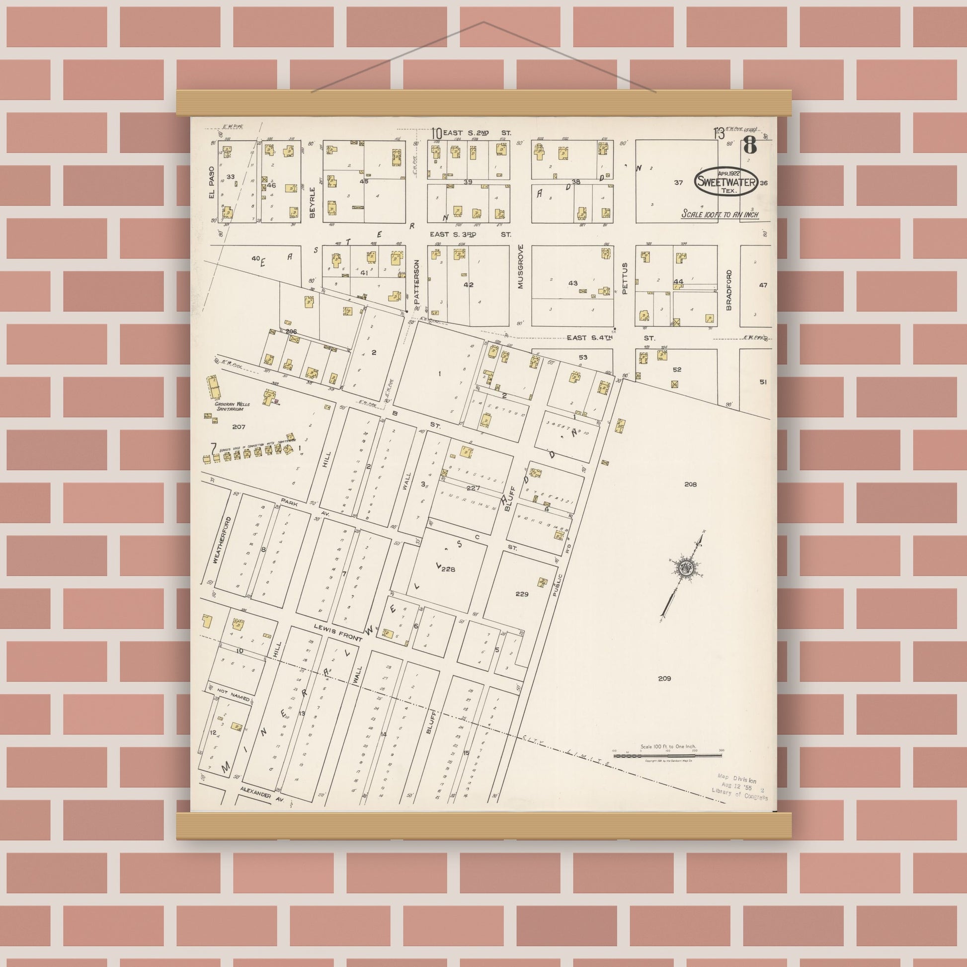 Old map wall art mockup — magnetic wood frame on brick wall — Sanborn Fire Insurance Map from Sweetwater, Nolan County, Texas (1922), Sheet #0008