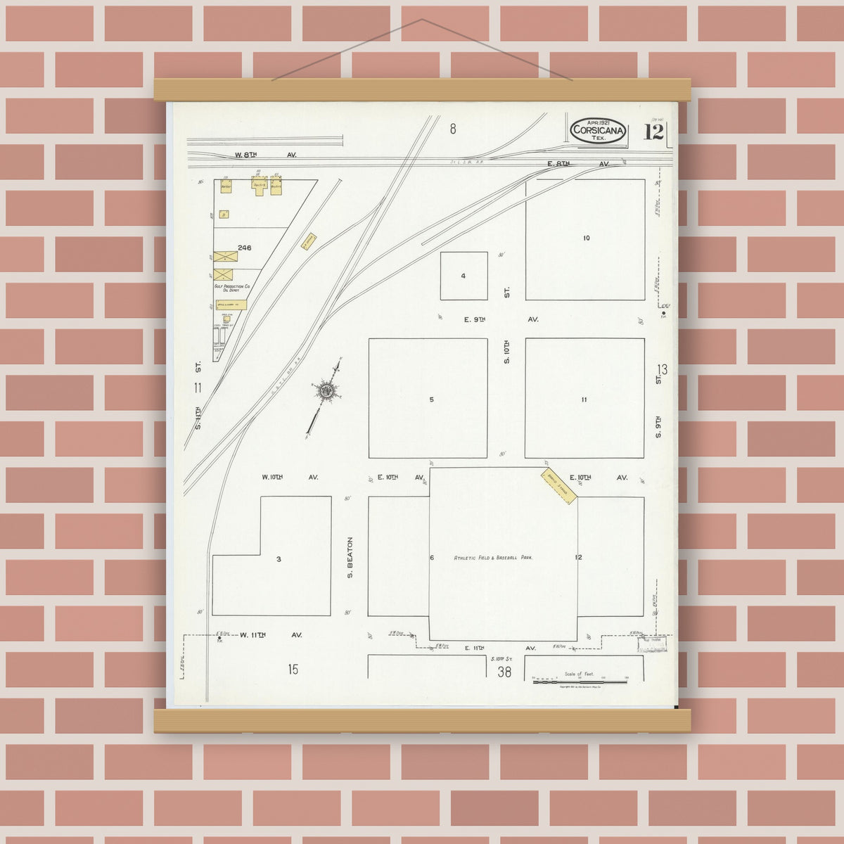 Old map wall art mockup — magnetic wood frame on brick wall — Sanborn Fire Insurance Map from Corsicana, Navarro County, Texas (1921), Sheet #0012