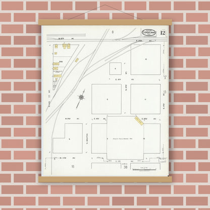 Old map wall art mockup — magnetic wood frame on brick wall — Sanborn Fire Insurance Map from Corsicana, Navarro County, Texas (1921), Sheet #0012