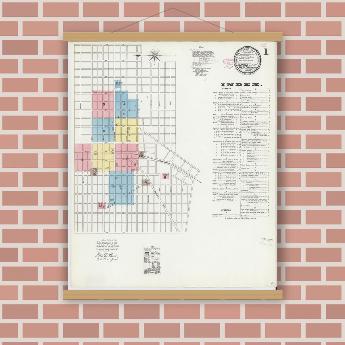 Old map wall art mockup — magnetic wood frame on brick wall — Sanborn Fire Insurance Map from Indiana, Indiana County, Pennsylvania (1892) - Complete Map Set