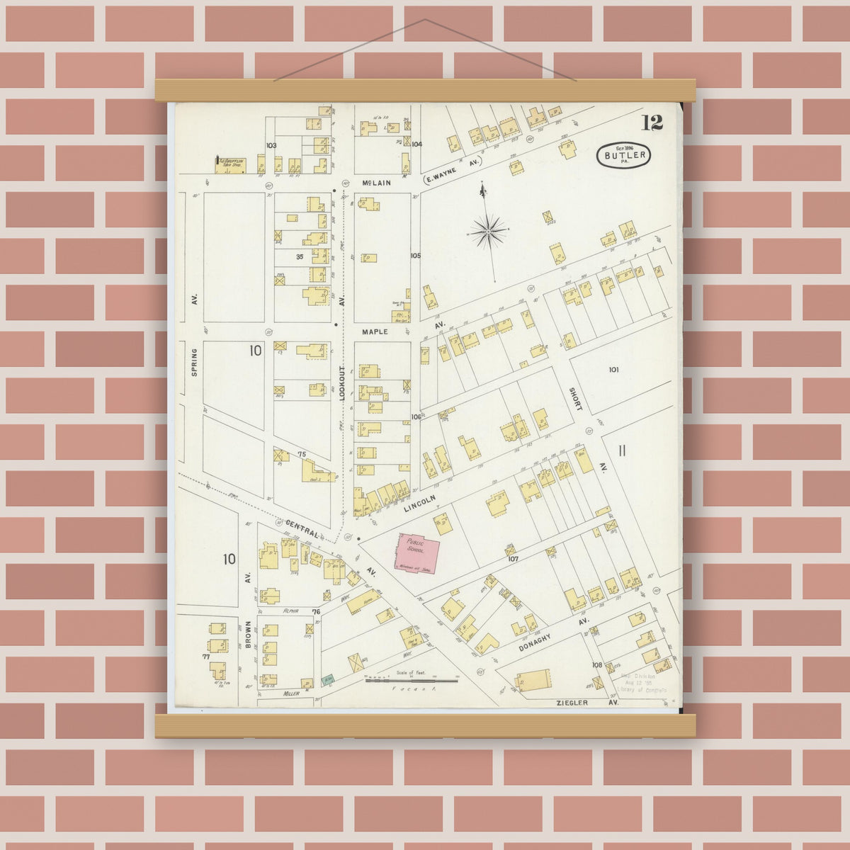 Old map wall art mockup — magnetic wood frame on brick wall — Sanborn Fire Insurance Map from Butler, Butler County, Pennsylvania (1896), Sheet #0012