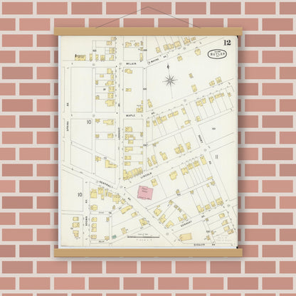 Old map wall art mockup — magnetic wood frame on brick wall — Sanborn Fire Insurance Map from Butler, Butler County, Pennsylvania (1896), Sheet #0012