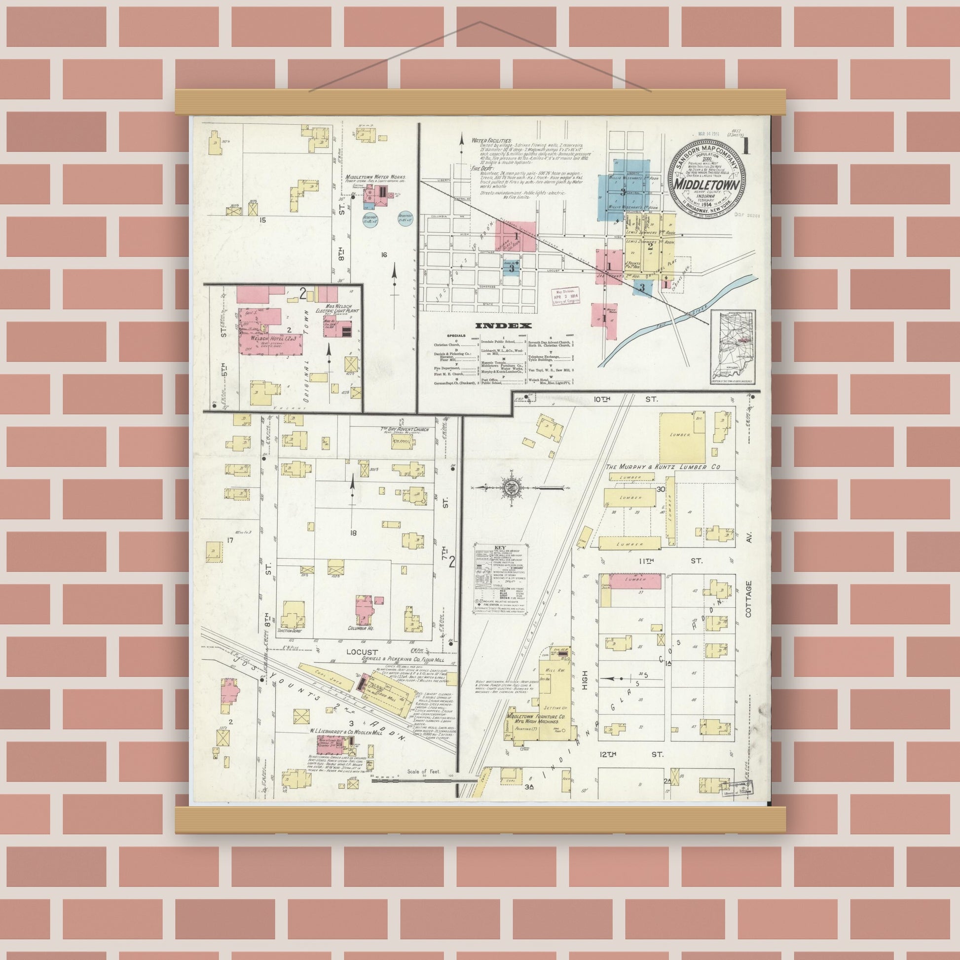 Old map wall art mockup — magnetic wood frame on brick wall — Sanborn Fire Insurance Map from Middletown, Henry County, Indiana (1914) - Complete Map Set