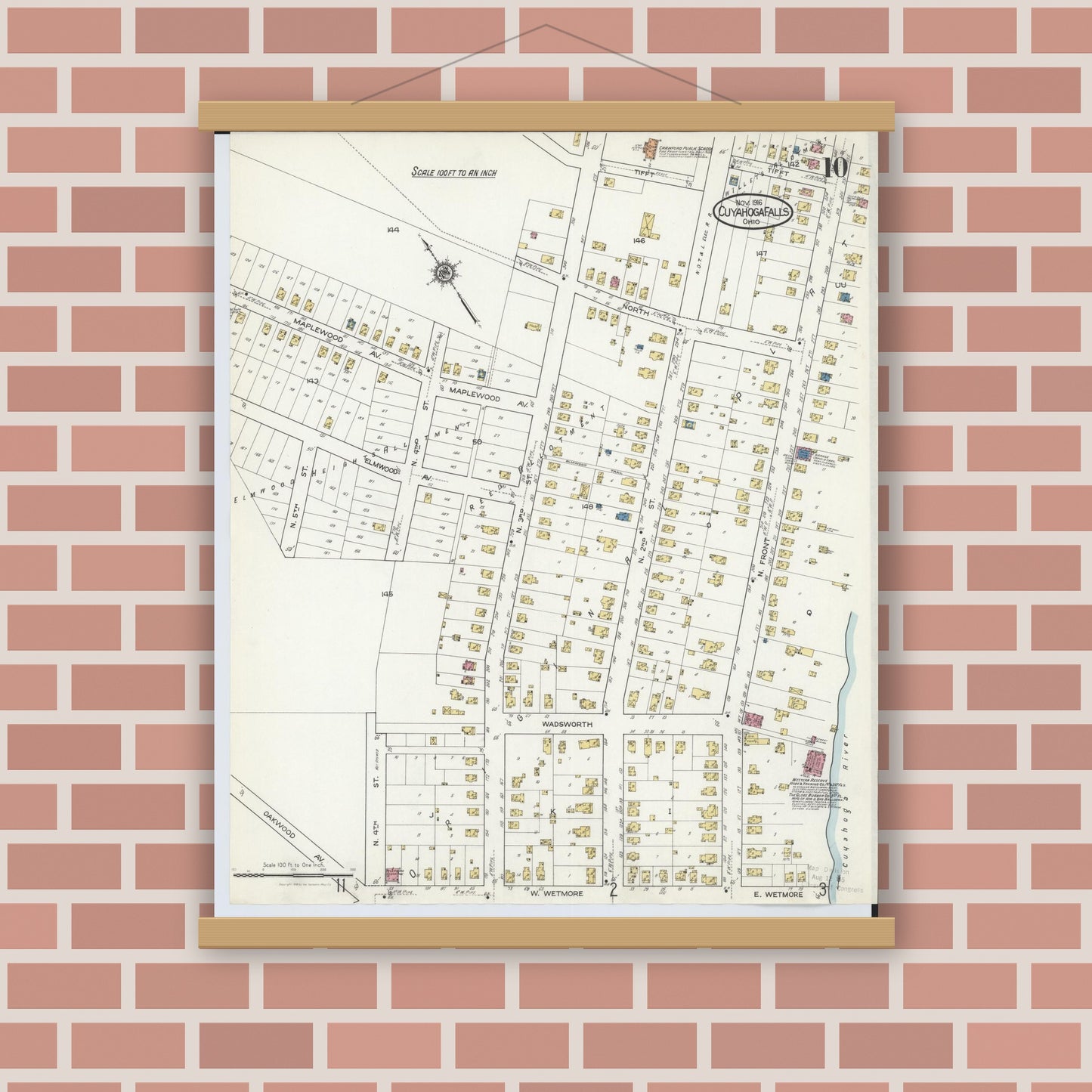 Old map wall art mockup — magnetic wood frame on brick wall — Sanborn Fire Insurance Map from Cuyahoga Falls, Summit County, Ohio (1916), Sheet #0010