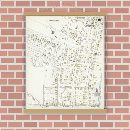 Old map wall art mockup — magnetic wood frame on brick wall — Sanborn Fire Insurance Map from Cuyahoga Falls, Summit County, Ohio (1916), Sheet #0010