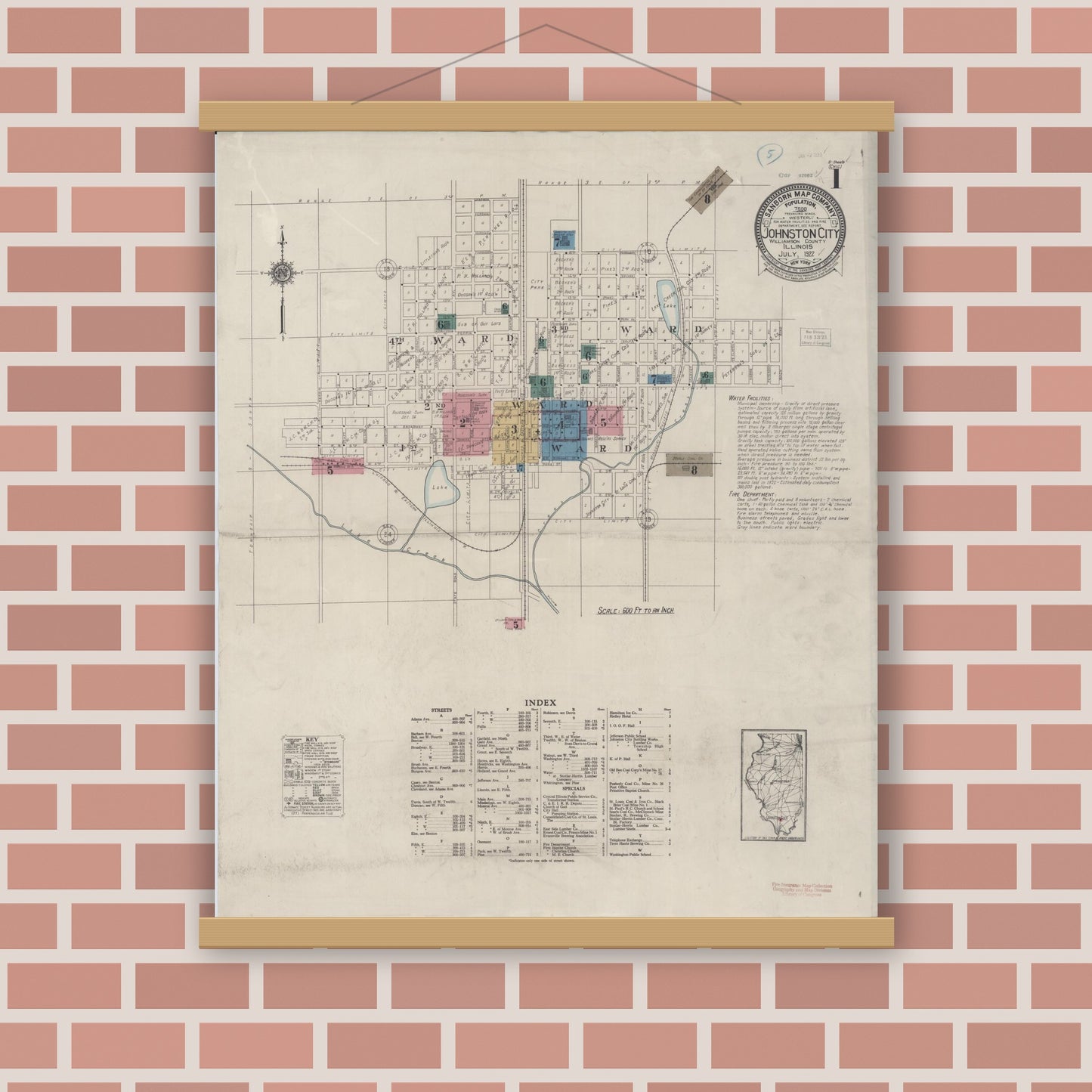 Old map wall art mockup — magnetic wood frame on brick wall — Sanborn Fire Insurance Map from Johnston City, Williamson County, Illinois (1922), Sheet #0001
