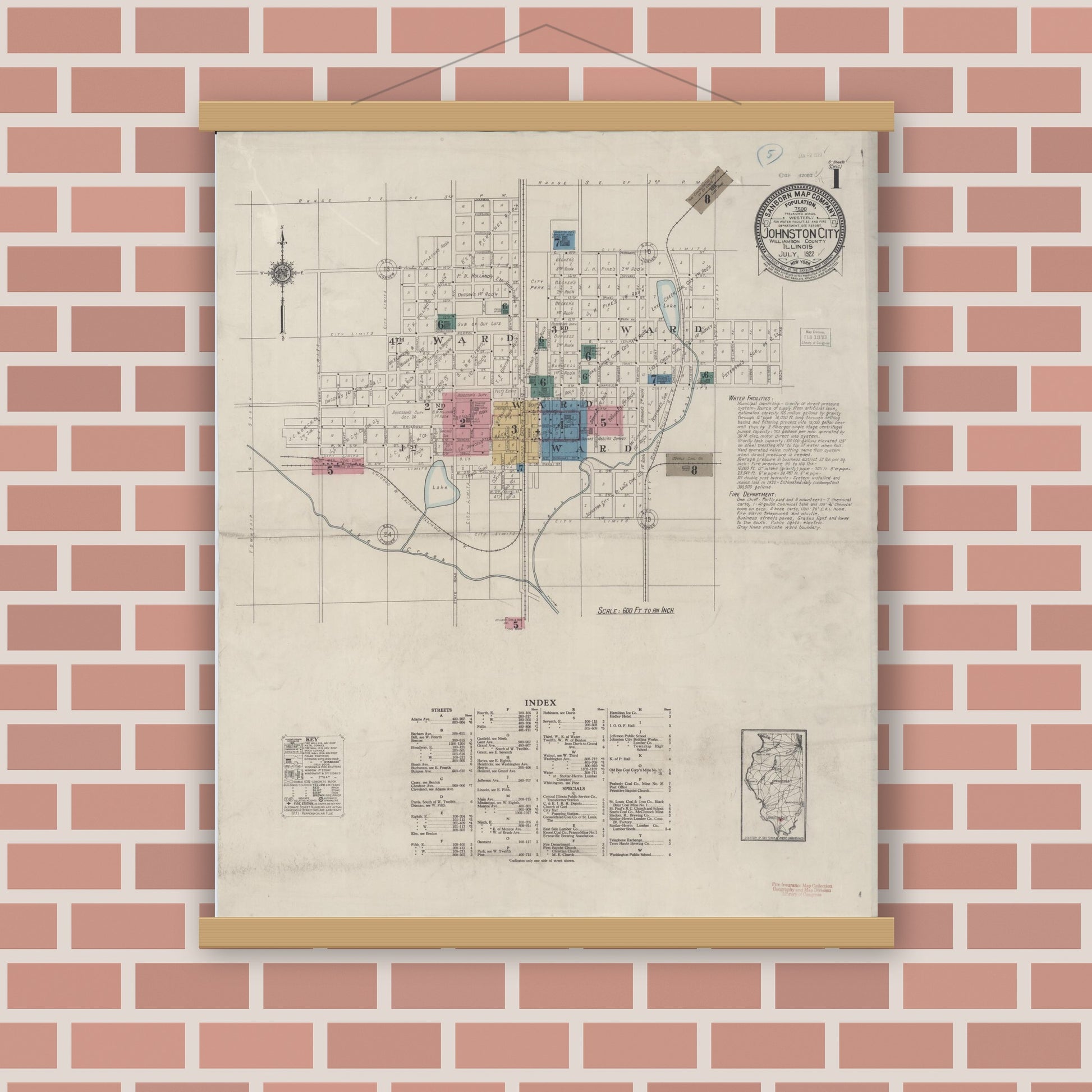 Old map wall art mockup — magnetic wood frame on brick wall — Sanborn Fire Insurance Map from Johnston City, Williamson County, Illinois (1922), Sheet #0001