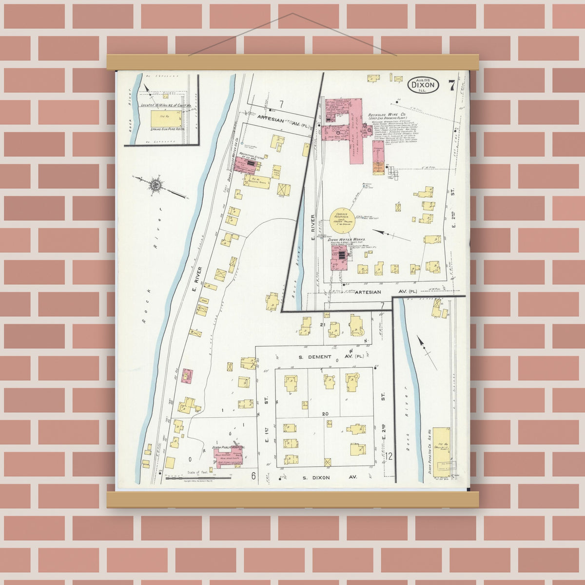 Old map wall art mockup — magnetic wood frame on brick wall — Sanborn Fire Insurance Map from Dixon, Lee County, Illinois (1918), Sheet #0007