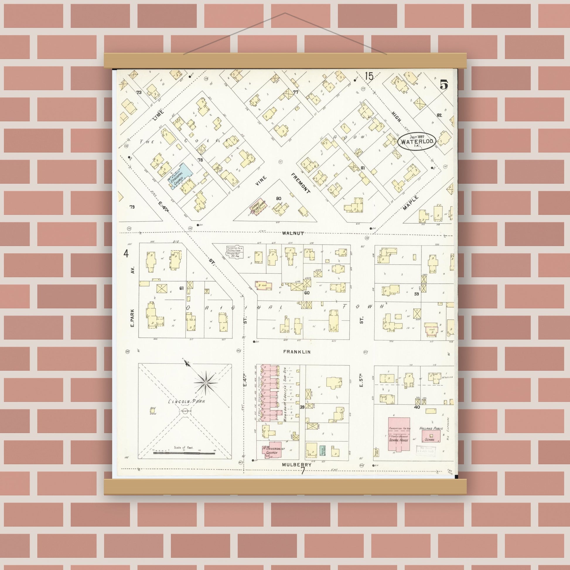 Old map wall art mockup — magnetic wood frame on brick wall — Sanborn Fire Insurance Map from Waterloo, Black Hawk County, Iowa (1897), Sheet #0005