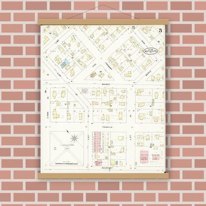 Old map wall art mockup — magnetic wood frame on brick wall — Sanborn Fire Insurance Map from Waterloo, Black Hawk County, Iowa (1897), Sheet #0005