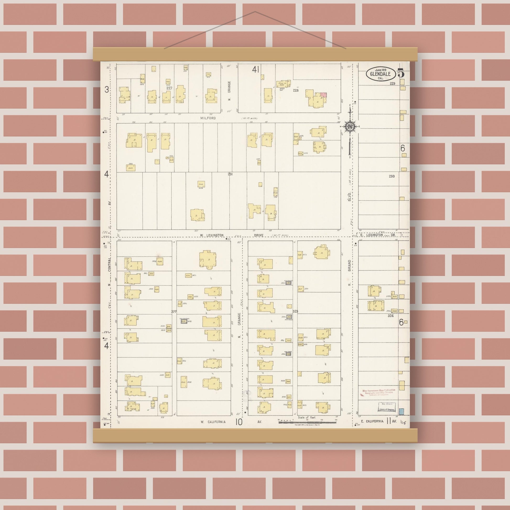 Old map wall art mockup — magnetic wood frame on brick wall — Sanborn Fire Insurance Map from Glendale, Los Angeles County, California (1919), Sheet #0005