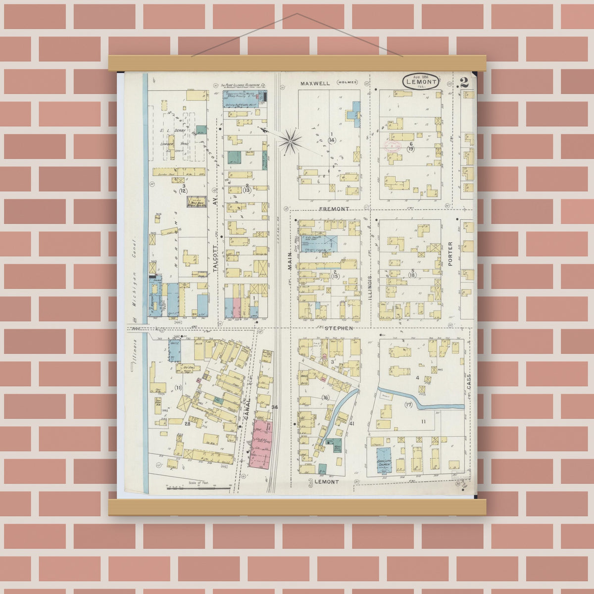 Old map wall art mockup — magnetic wood frame on brick wall — Sanborn Fire Insurance Map from Lemont, Cook County, Illinois (1894), Sheet #0002
