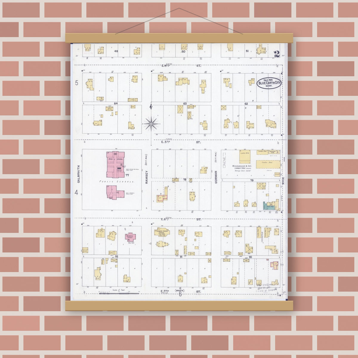 Old map wall art mockup — magnetic wood frame on brick wall — Sanborn Fire Insurance Map from Blue Earth, Faribault County, Minnesota (1905), Sheet #0002
