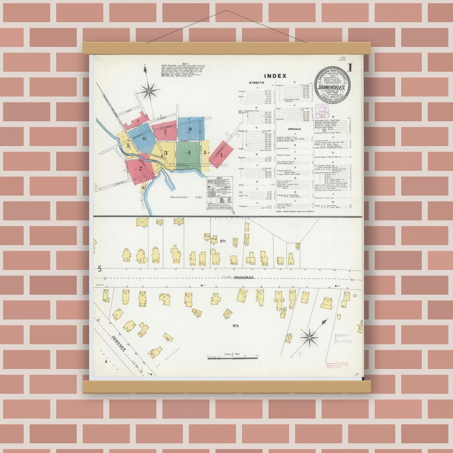Old map wall art mockup — magnetic wood frame on brick wall — Sanborn Fire Insurance Map from Skaneateles, Onondaga County, New York (1904), Sheet #0001