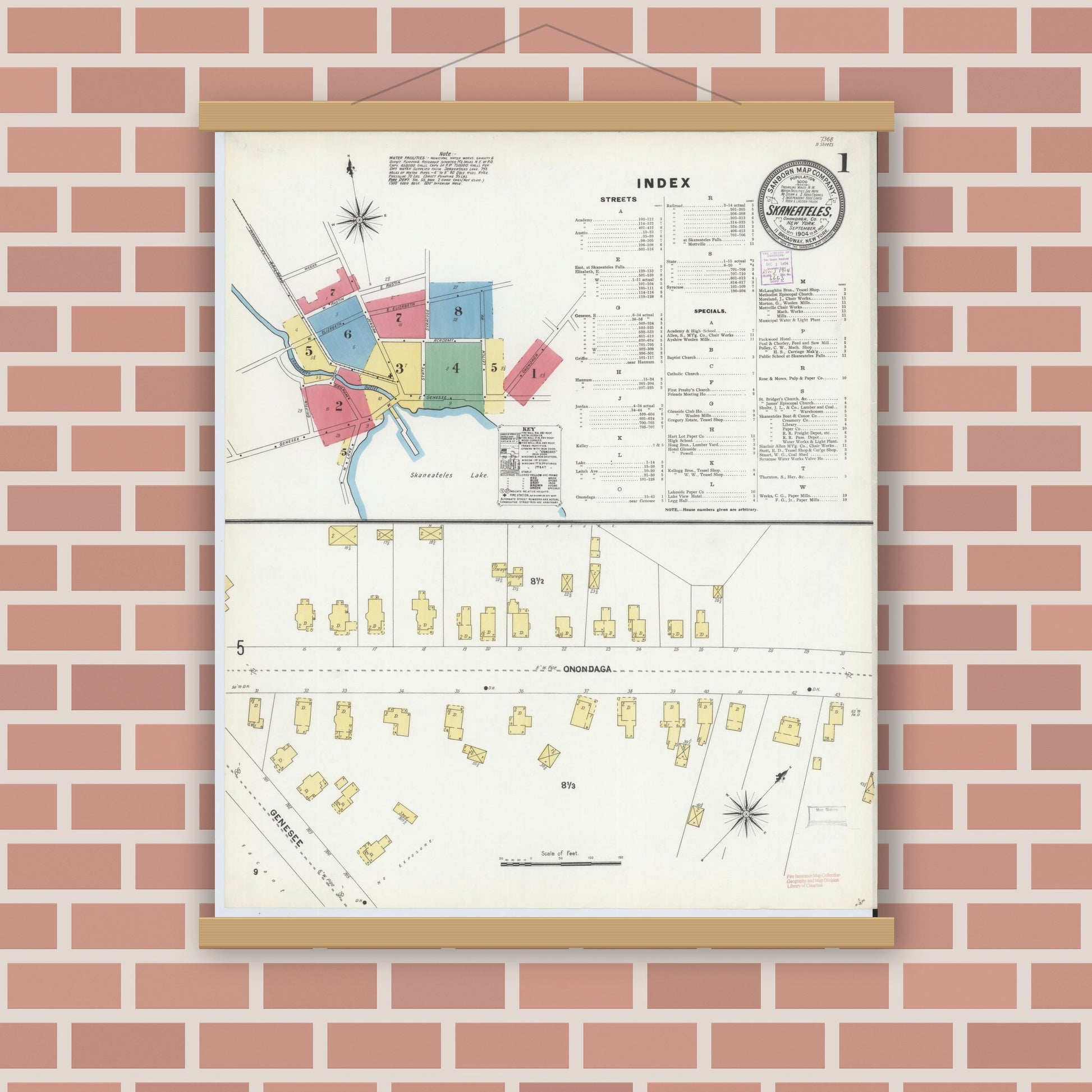 Old map wall art mockup — magnetic wood frame on brick wall — Sanborn Fire Insurance Map from Skaneateles, Onondaga County, New York (1904), Sheet #0001